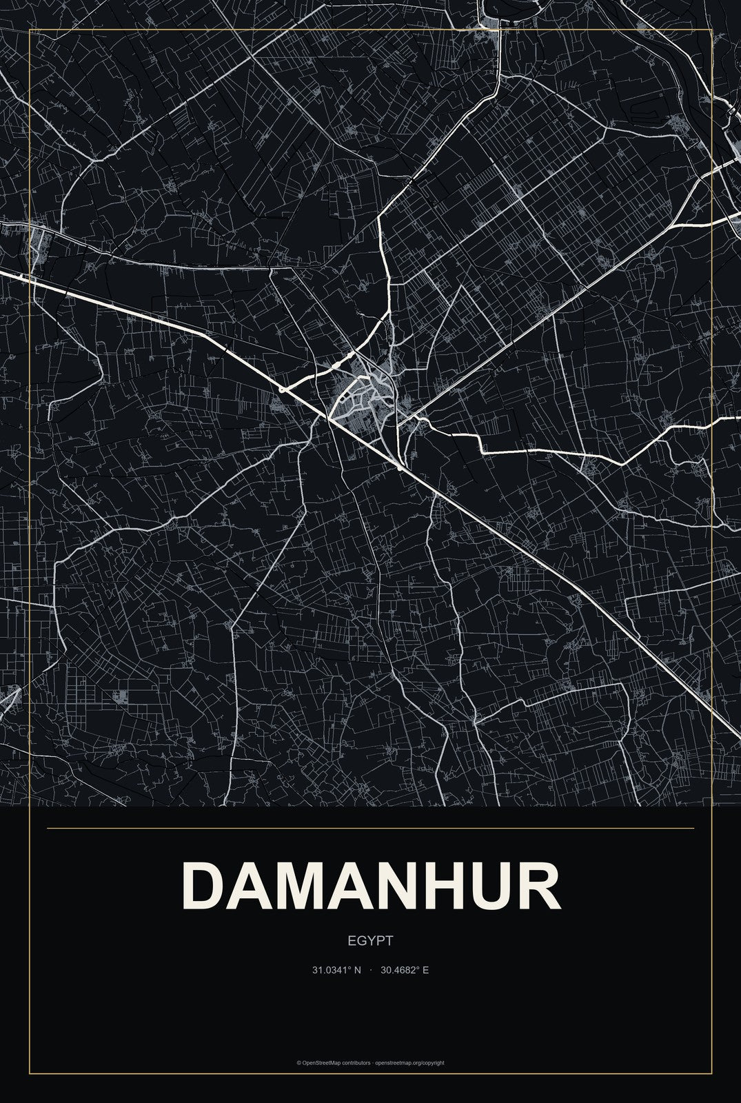 Damanhur, Egypt City Map Aluminum Sign in Metropolitan Noir style