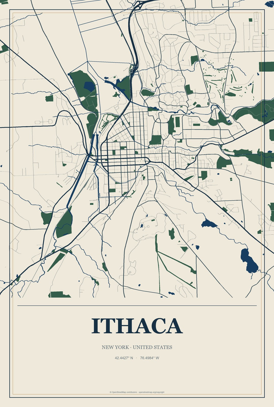 Ithaca, New York City Map Aluminum Sign in Coastal Cutout style