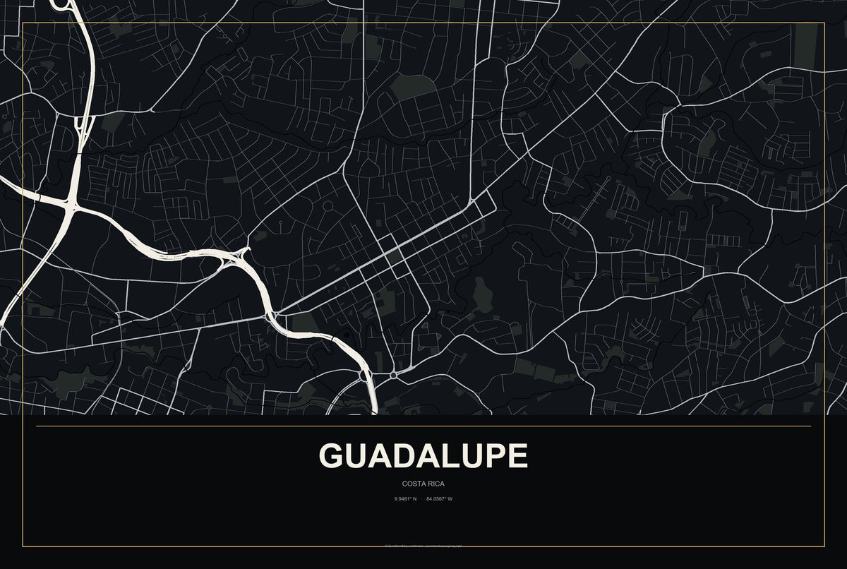 Guadalupe, Costa Rica City Map Aluminum Sign in Metropolitan Noir style