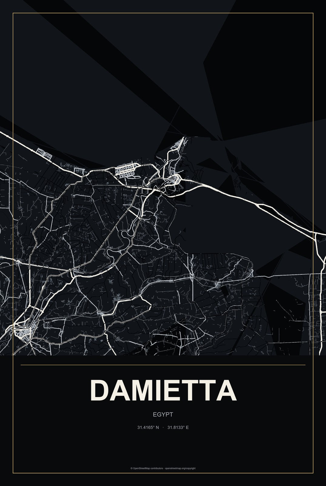 Damietta, Egypt City Map Aluminum Sign in Metropolitan Noir style