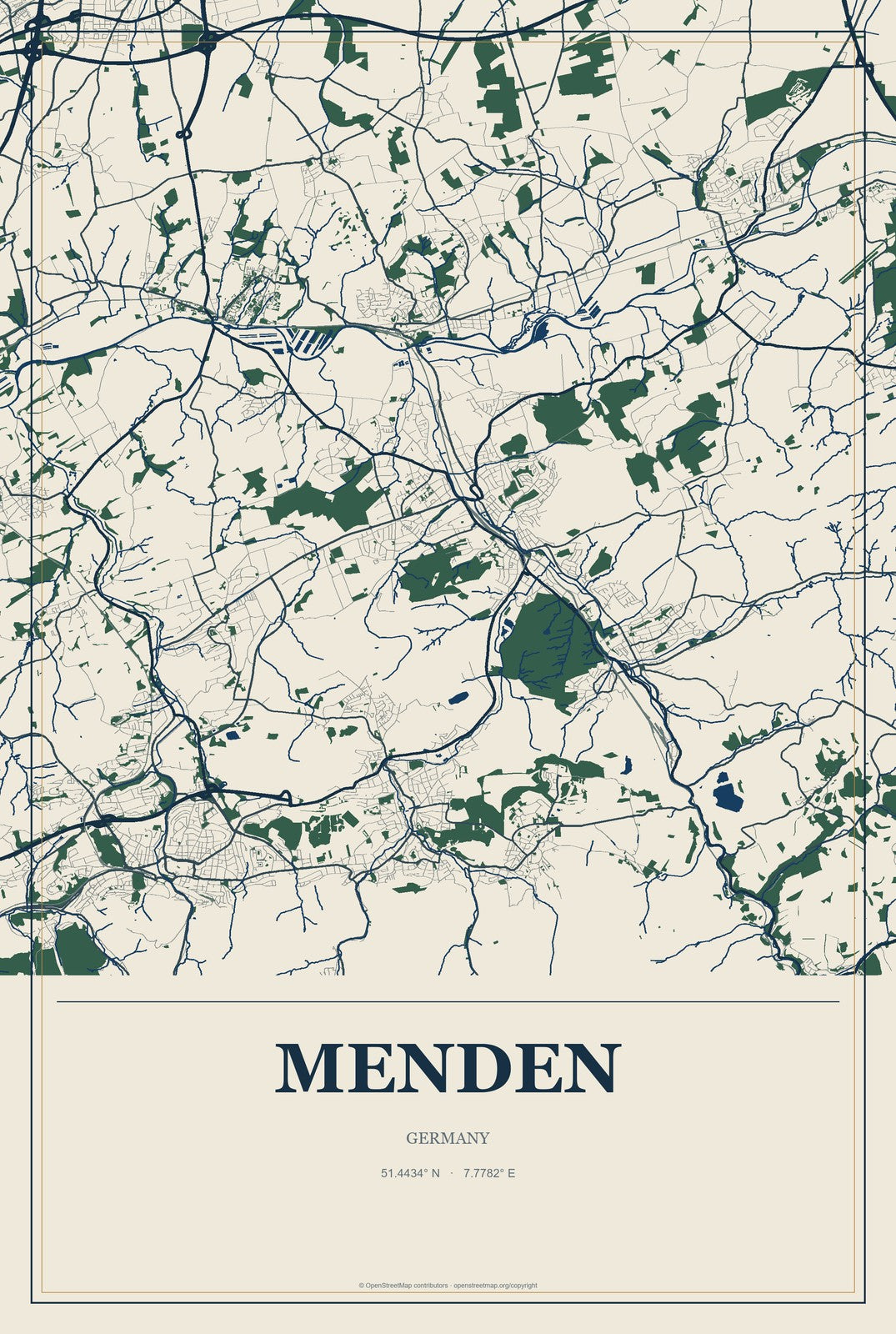 Menden, Germany City Map Aluminum Sign in Coastal Cutout style