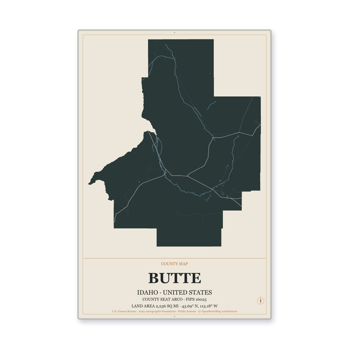 Butte County, Idaho Map Aluminum Sign in Headline Atlas style