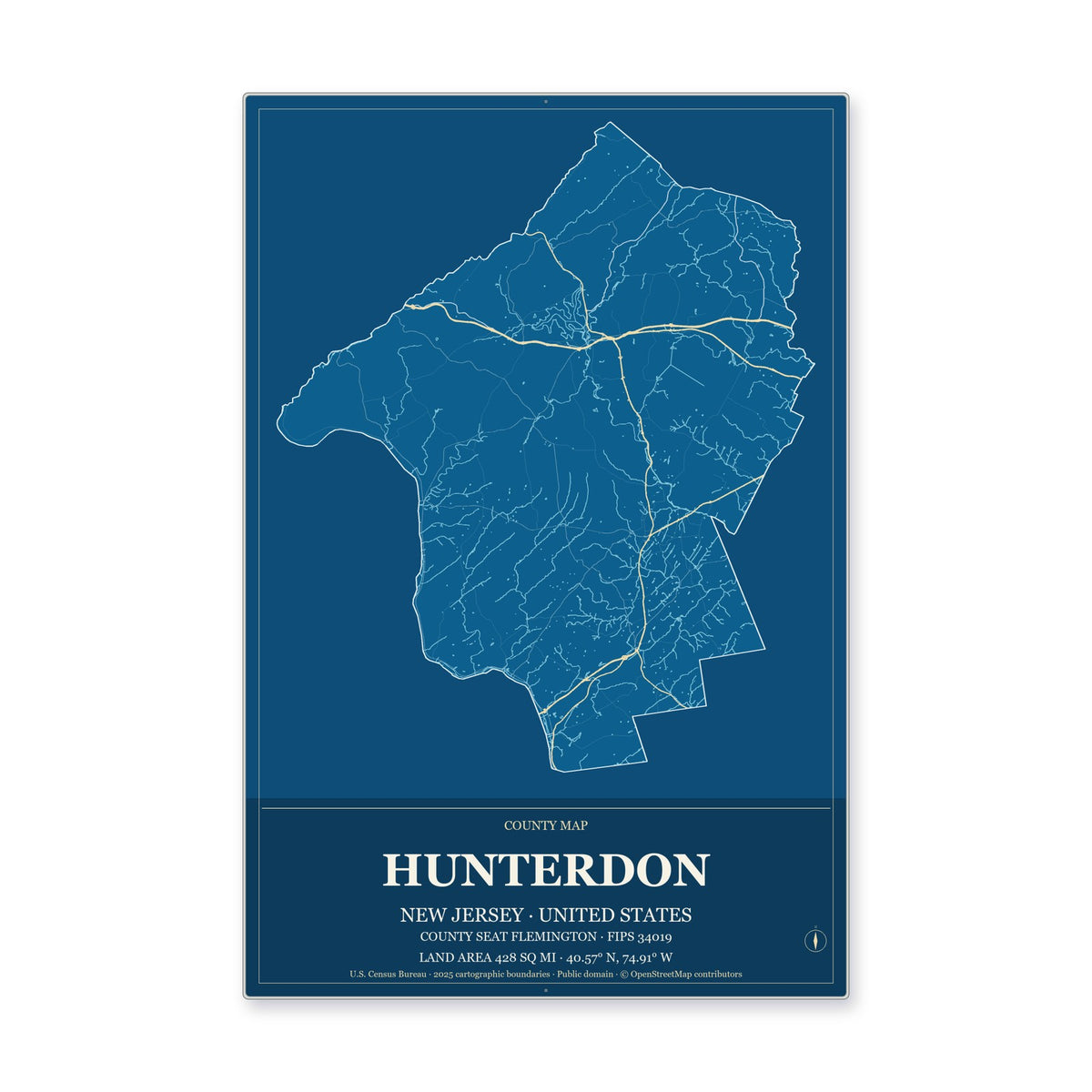 Hunterdon County, New Jersey Map Aluminum Sign in Harbor Cobalt style