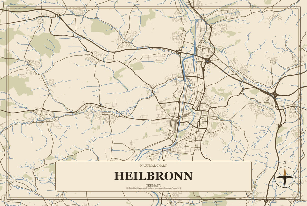 Heilbronn, Germany City Map Aluminum Sign in Heritage Nautical style