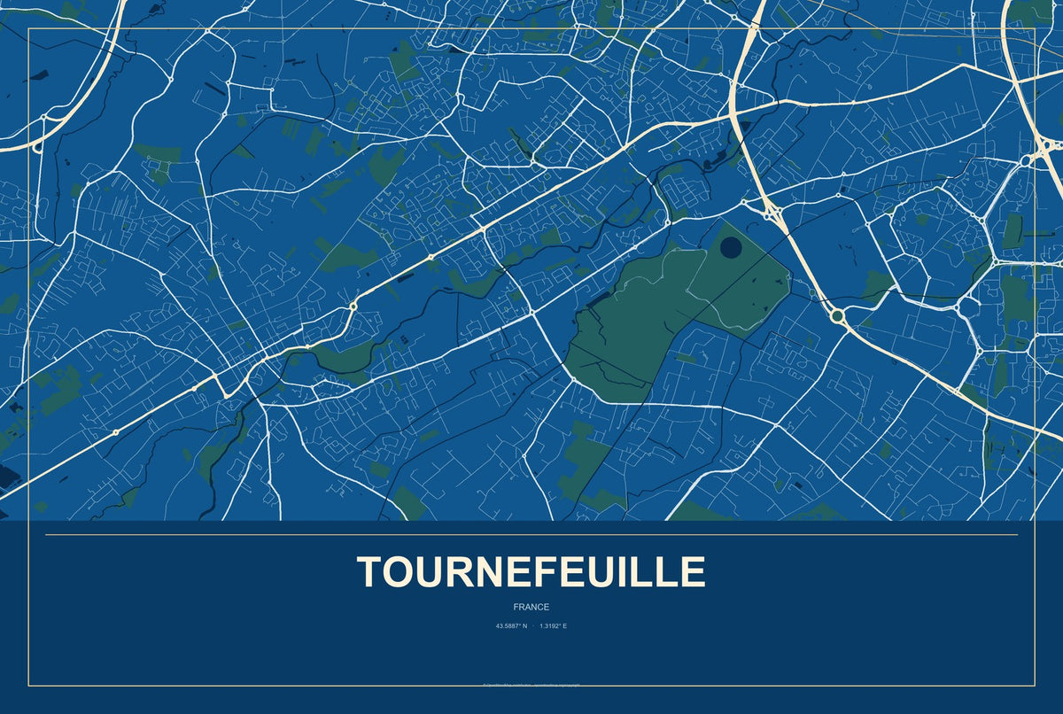 Tournefeuille, France City Map Aluminum Sign in Harbor Cobalt style