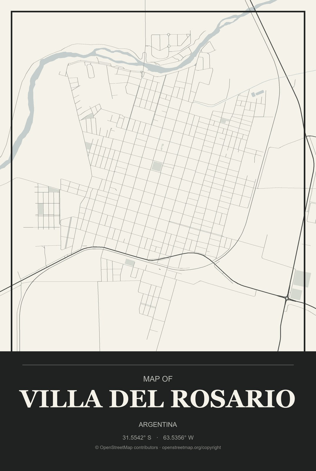 Villa del Rosario, Argentina City Map Aluminum Sign in Museum Plaque style
