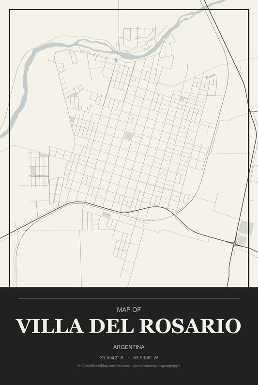 Villa del Rosario, Argentina City Map Aluminum Sign in Museum Plaque style