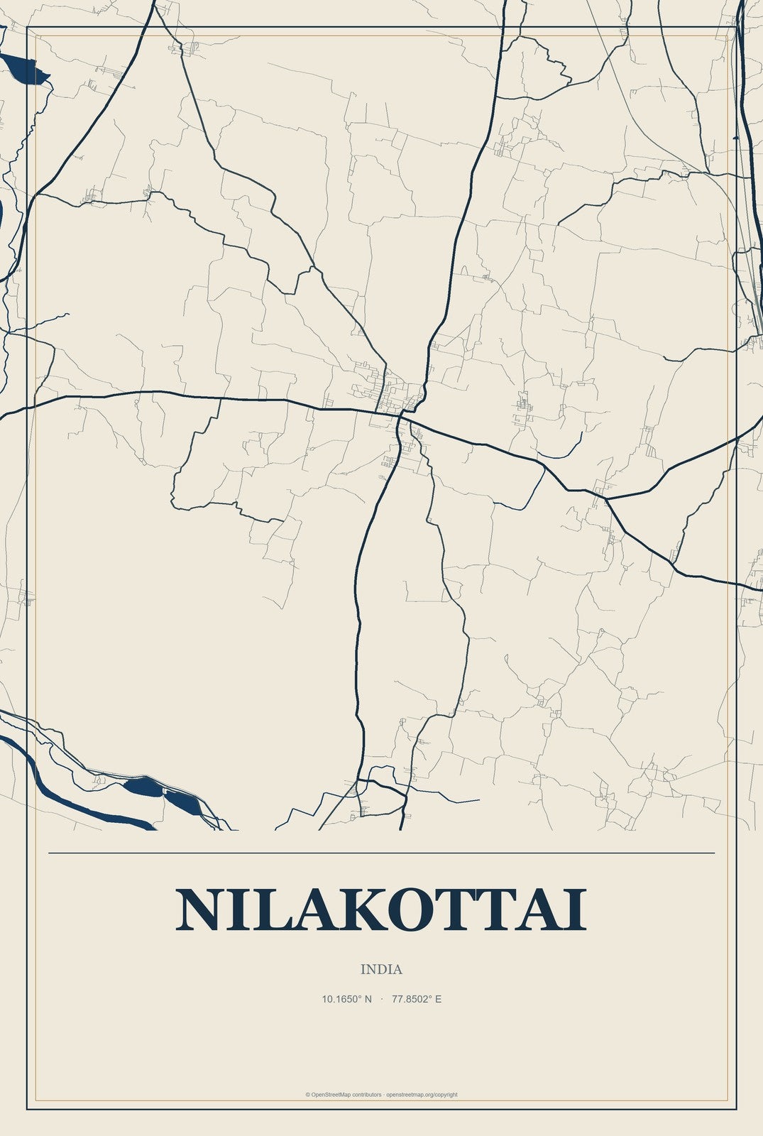 Nilakottai, India City Map Aluminum Sign in Coastal Cutout style