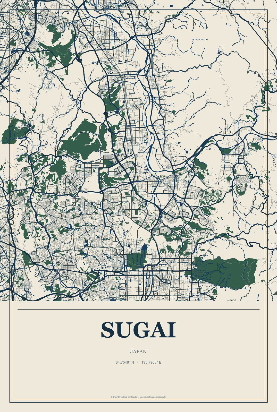 Sugai, Japan City Map Aluminum Sign in Coastal Cutout style