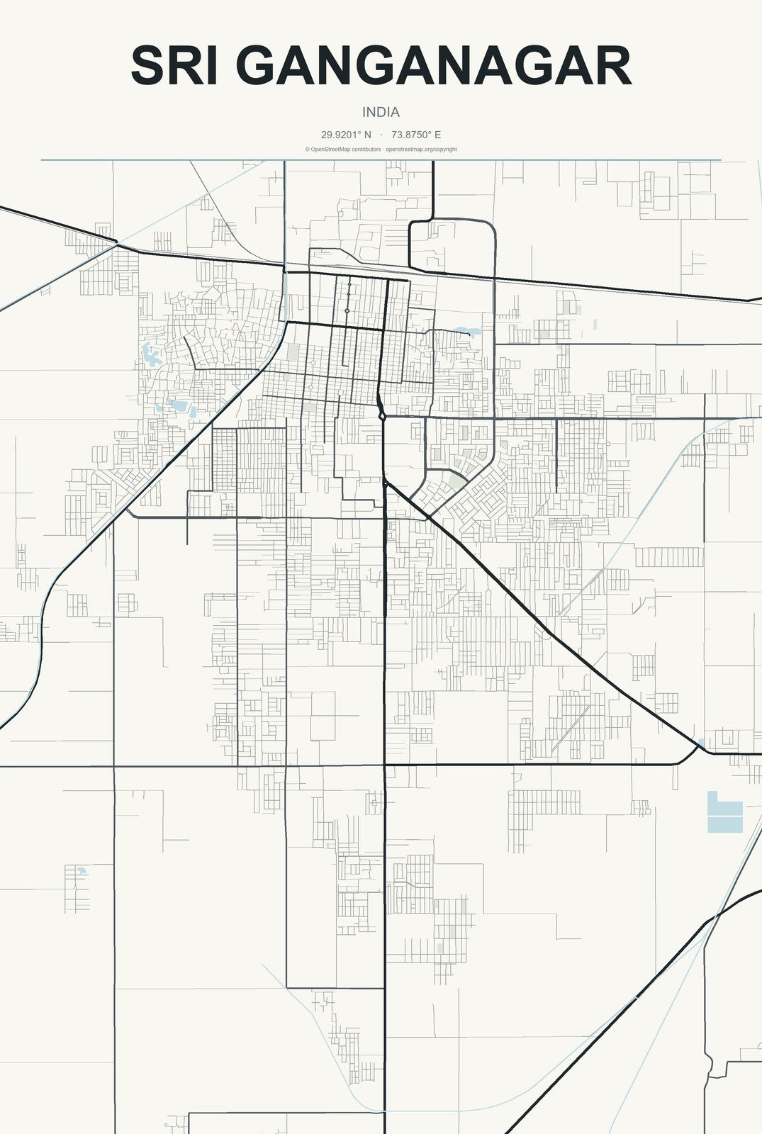 Sri Ganganagar, India City Map Aluminum Sign in Headline Atlas style