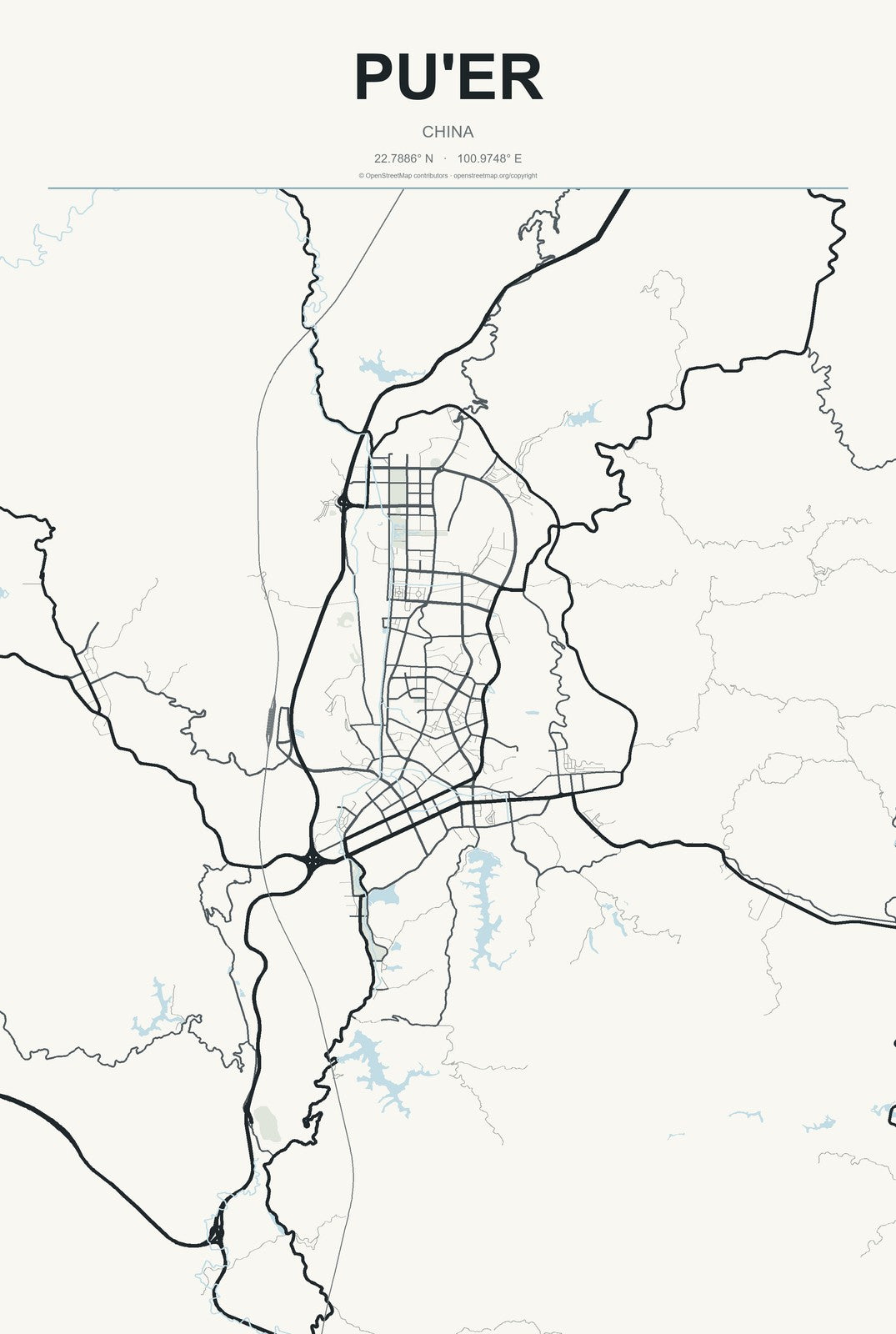 Pu'er, China City Map Aluminum Sign in Headline Atlas style