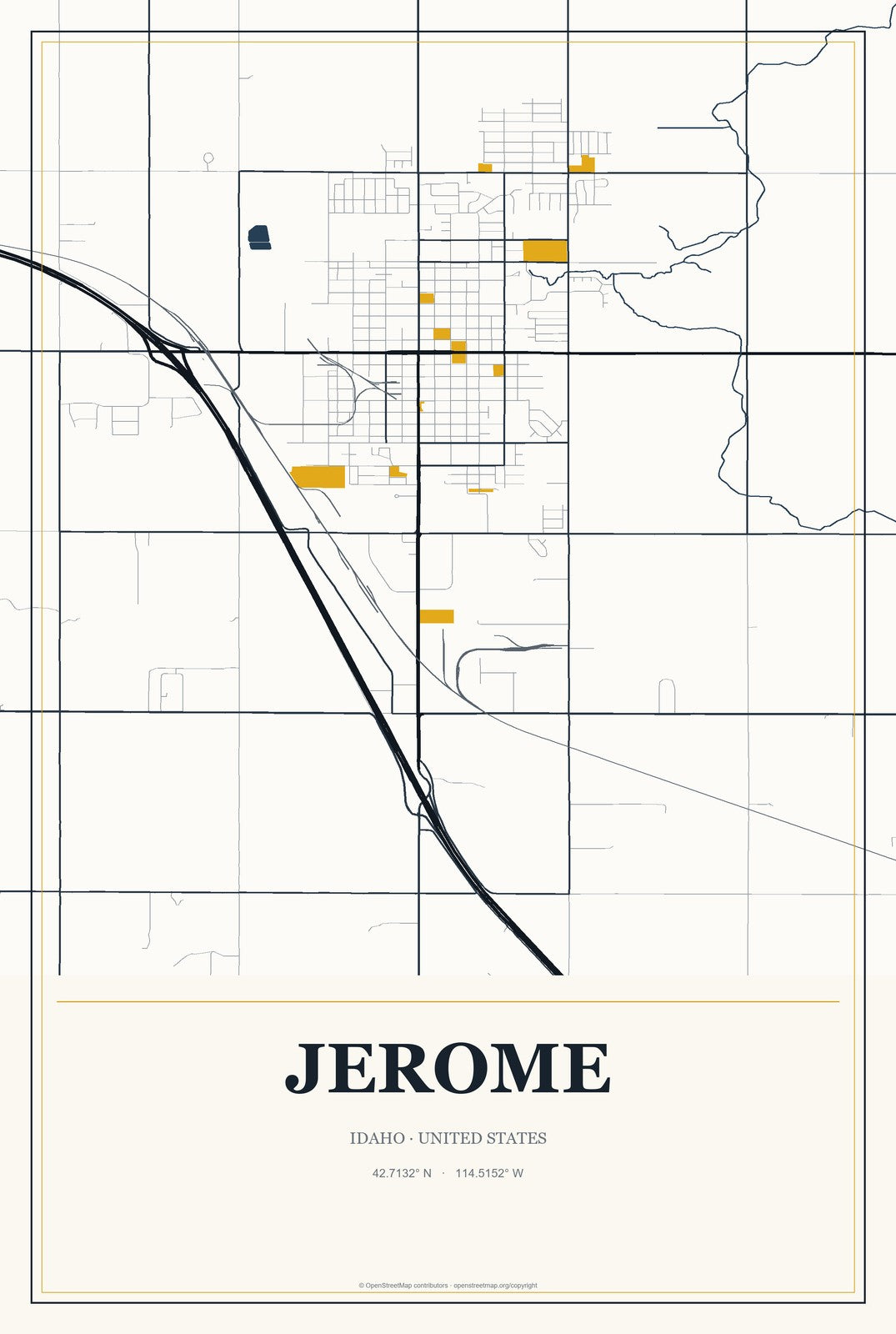 Jerome, Idaho City Map Aluminum Sign in Citrine Modern style
