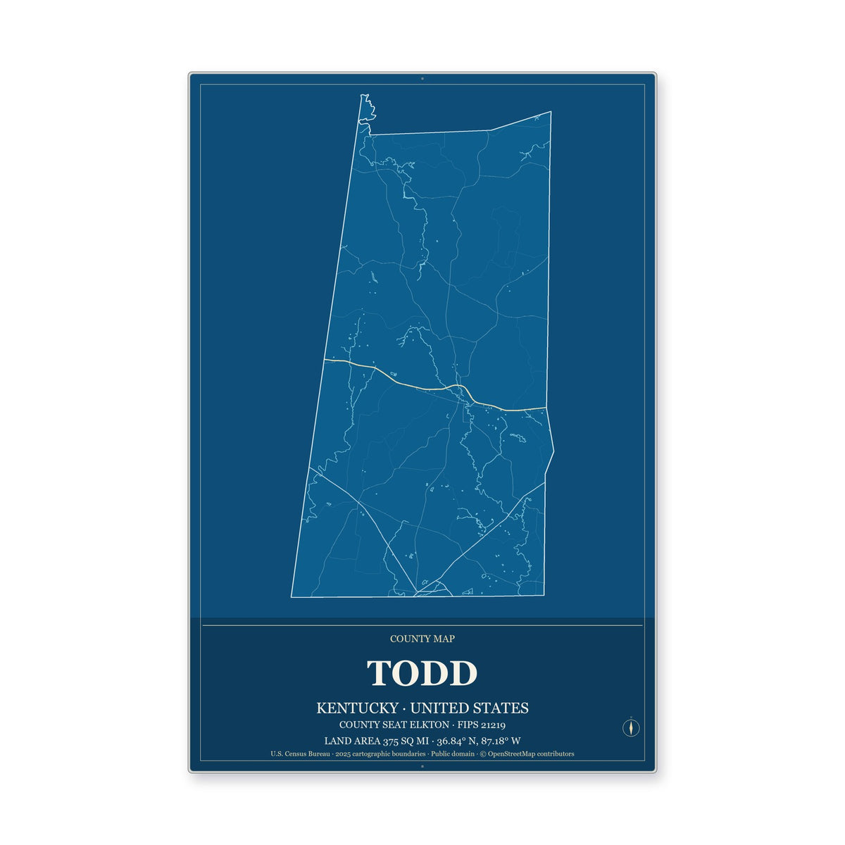 Todd County, Kentucky Map Aluminum Sign in Harbor Cobalt style