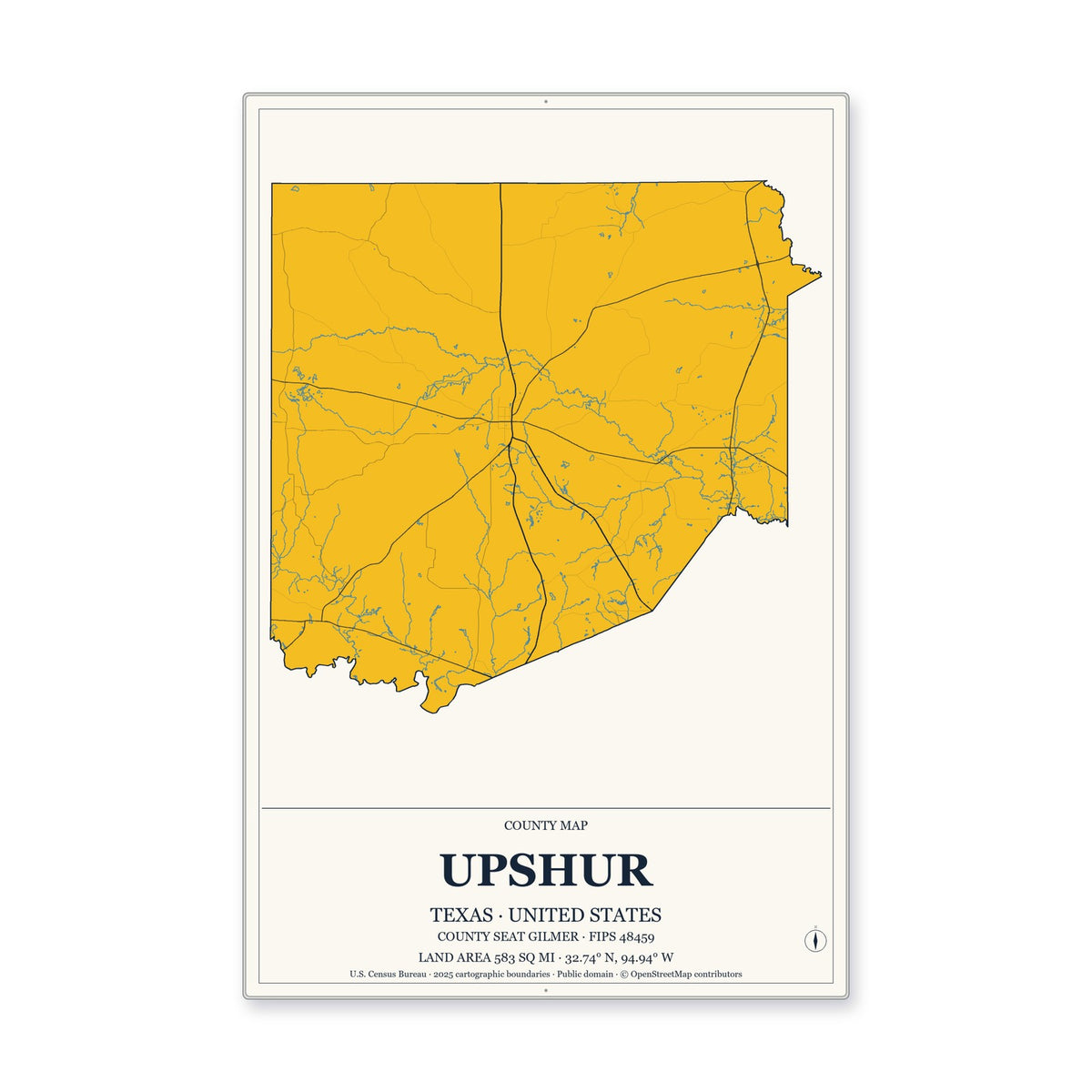Upshur County, Texas Map Aluminum Sign in Citrine Modern style
