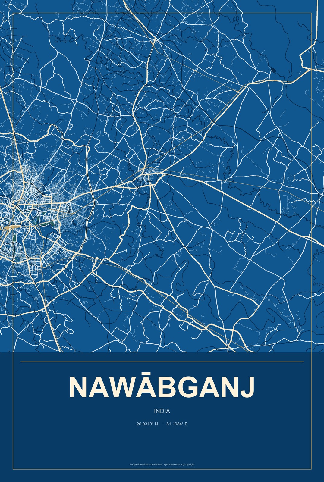 Nawābganj, India City Map Aluminum Sign in Harbor Cobalt style