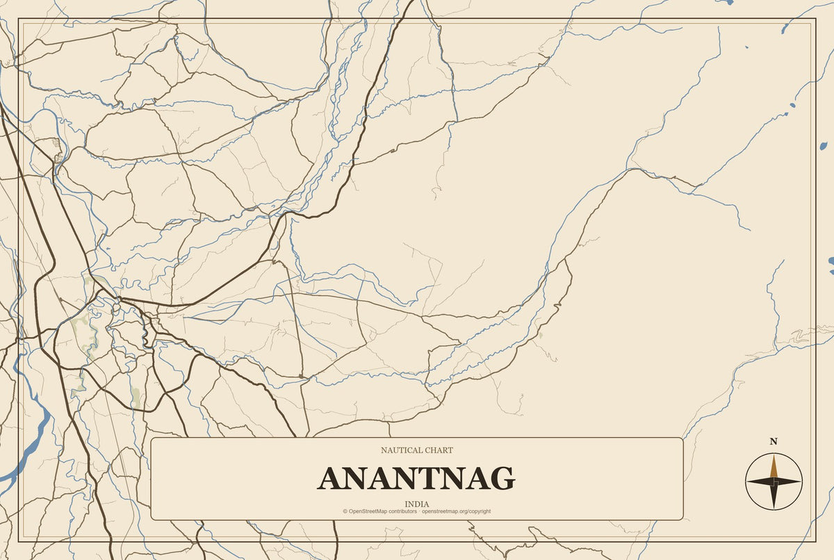 Anantnag, India City Map Aluminum Sign in Heritage Nautical style