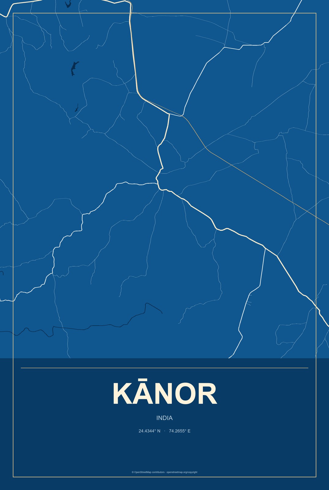 Kānor, India City Map Aluminum Sign in Harbor Cobalt style