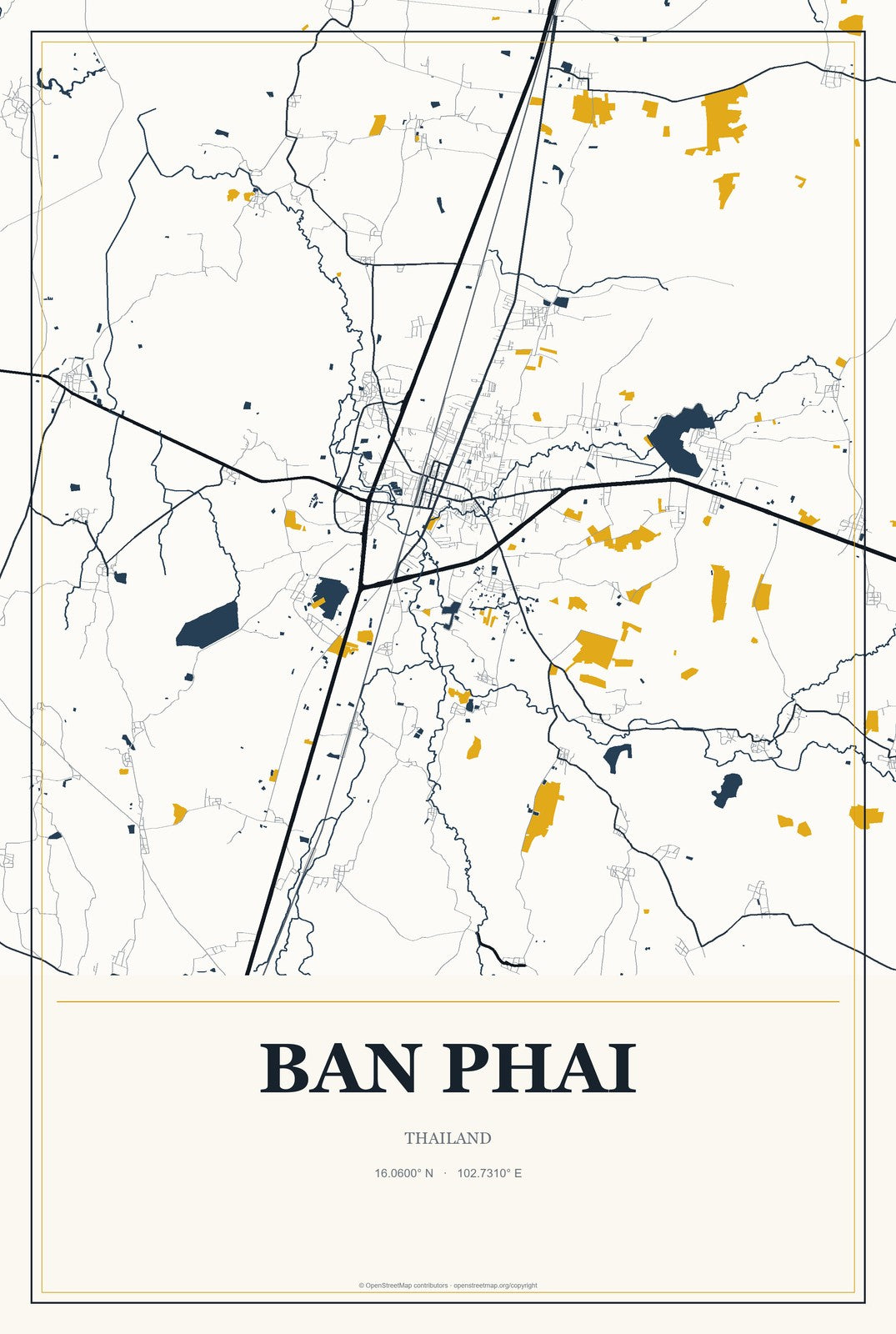 Ban Phai, Thailand City Map Aluminum Sign in Citrine Modern style