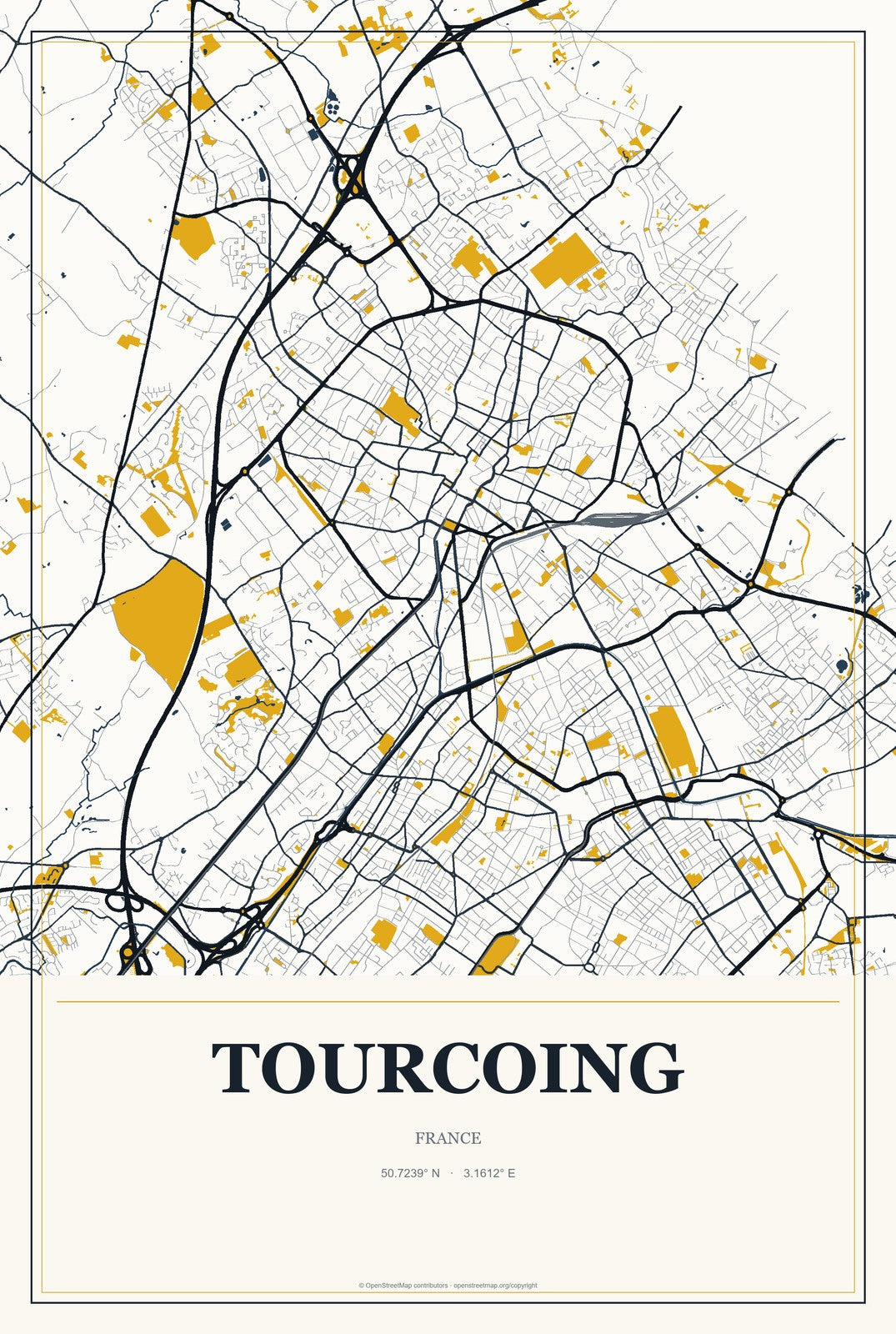 Tourcoing, France City Map Aluminum Sign in Citrine Modern style