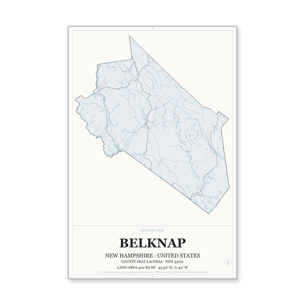 Belknap County, New Hampshire Map Aluminum Sign in Gallery Air style