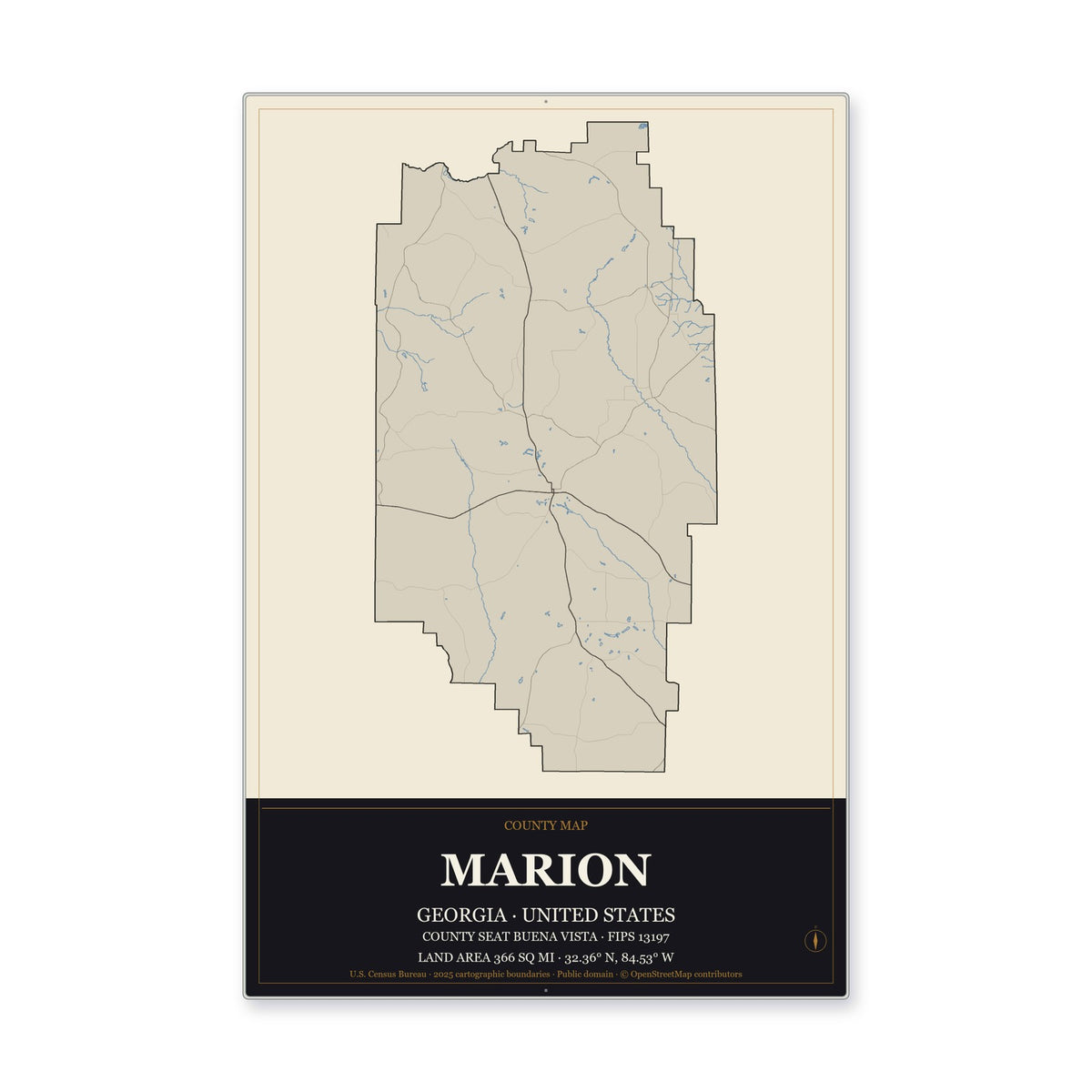 Marion County, Georgia Map Aluminum Sign in Museum Plaque style