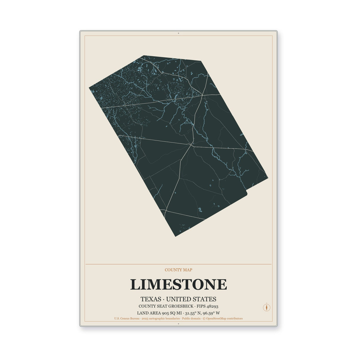 Limestone County, Texas Map Aluminum Sign in Headline Atlas style
