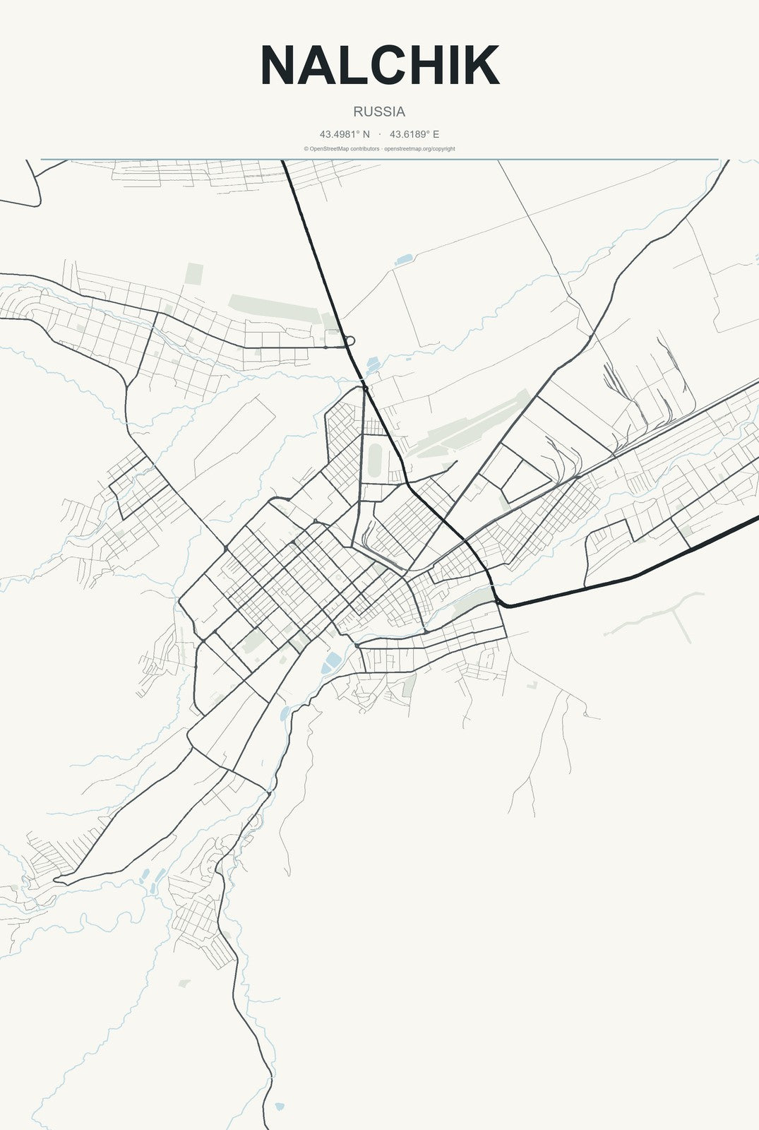 Nalchik, Russia City Map Aluminum Sign in Headline Atlas style