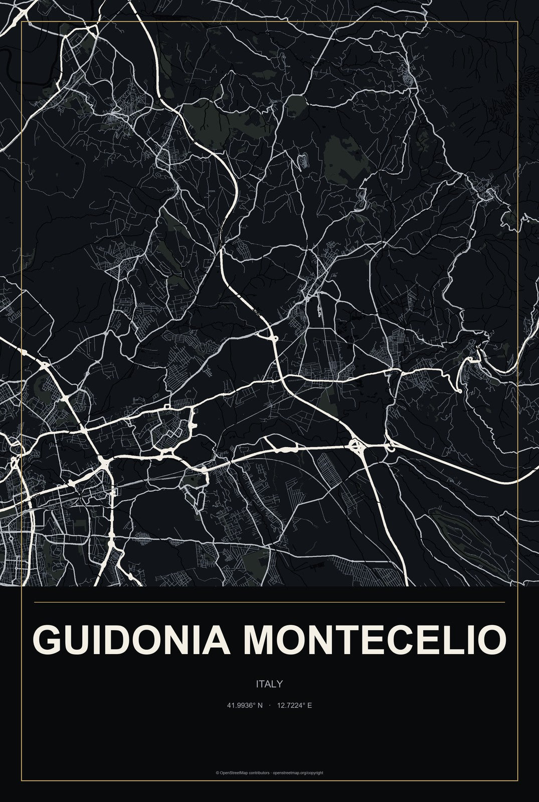 Guidonia Montecelio, Italy City Map Aluminum Sign in Metropolitan Noir style