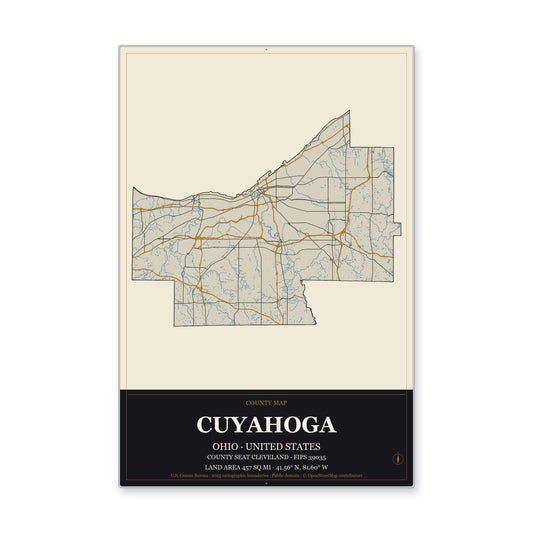 Cuyahoga County, Ohio Map Aluminum Sign in Museum Plaque style