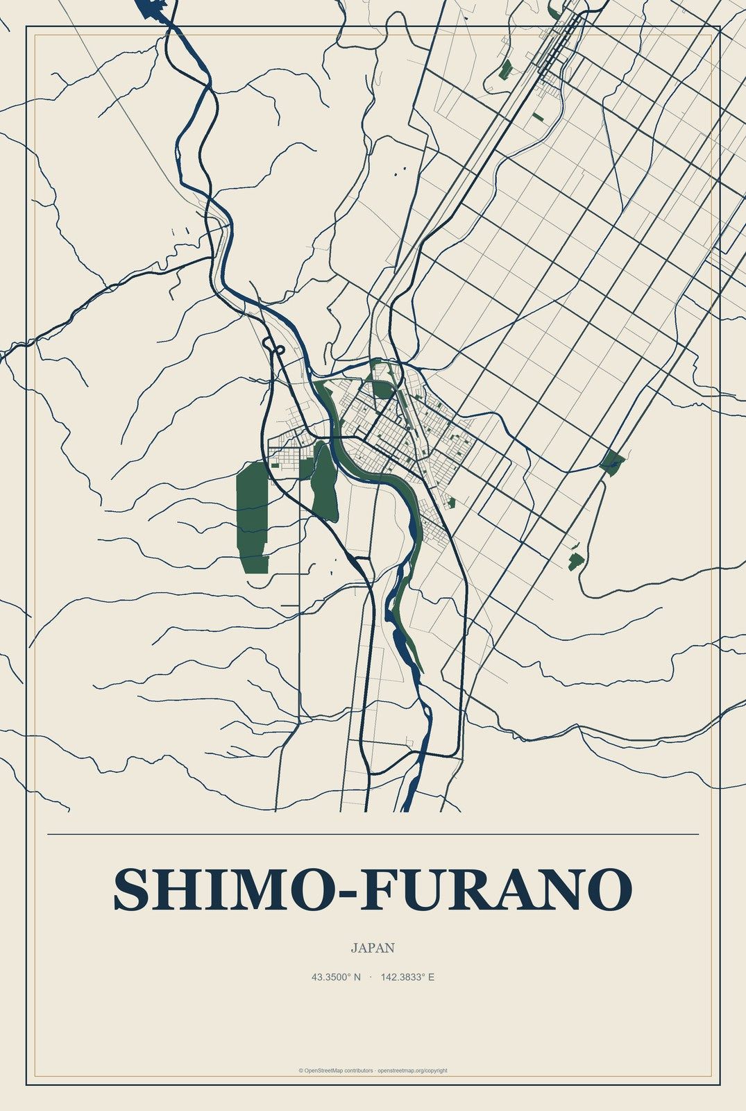 Shimo-furano, Japan City Map Aluminum Sign in Coastal Cutout style