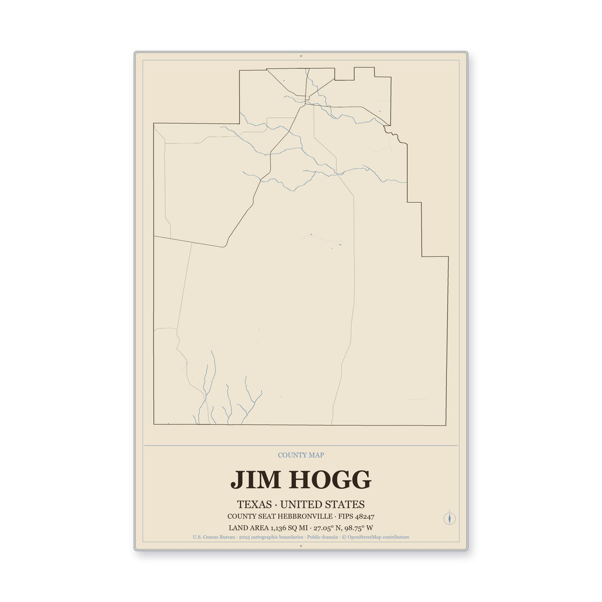 Jim Hogg County, Texas Map Aluminum Sign in Heritage Nautical style