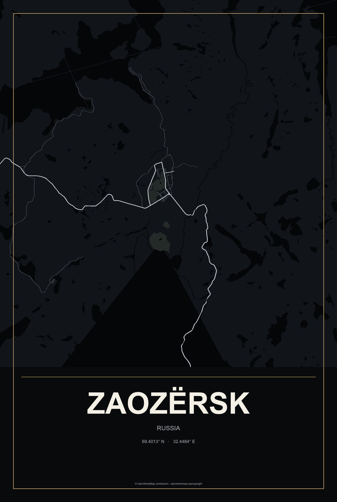 Zaozërsk, Russia City Map Aluminum Sign in Metropolitan Noir style