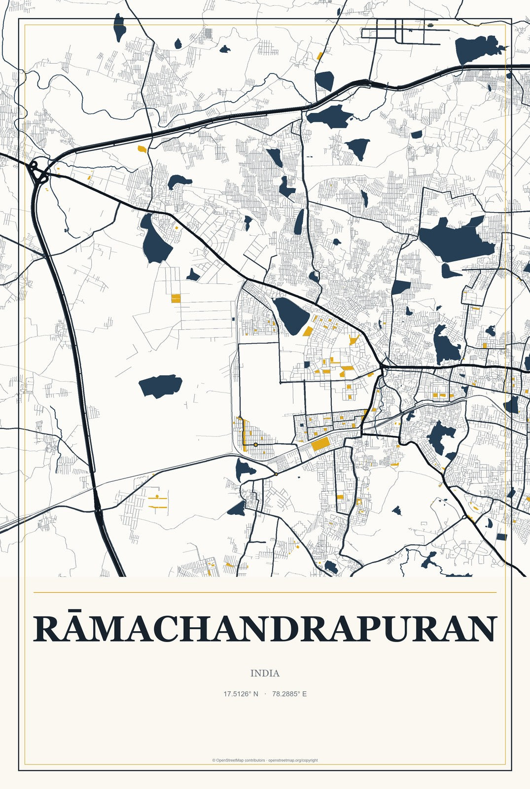 Rāmachandrapuran, India City Map Aluminum Sign in Citrine Modern style