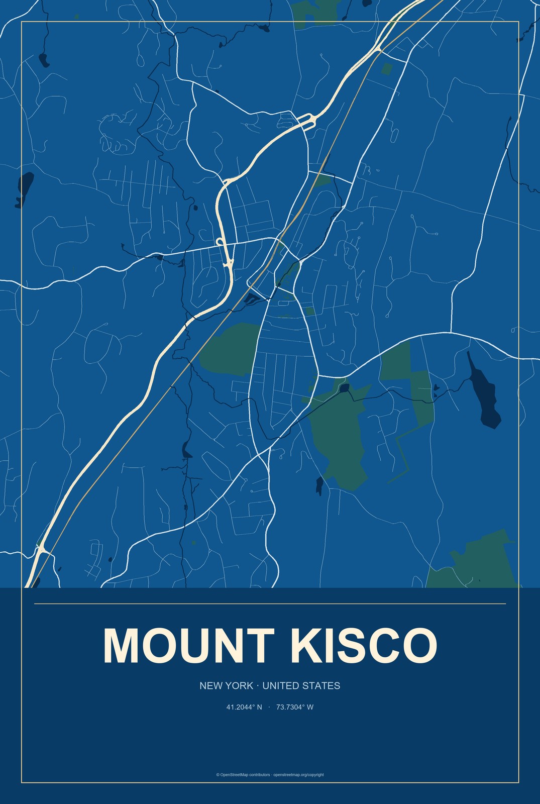 Mount Kisco, New York City Map Aluminum Sign in Harbor Cobalt style