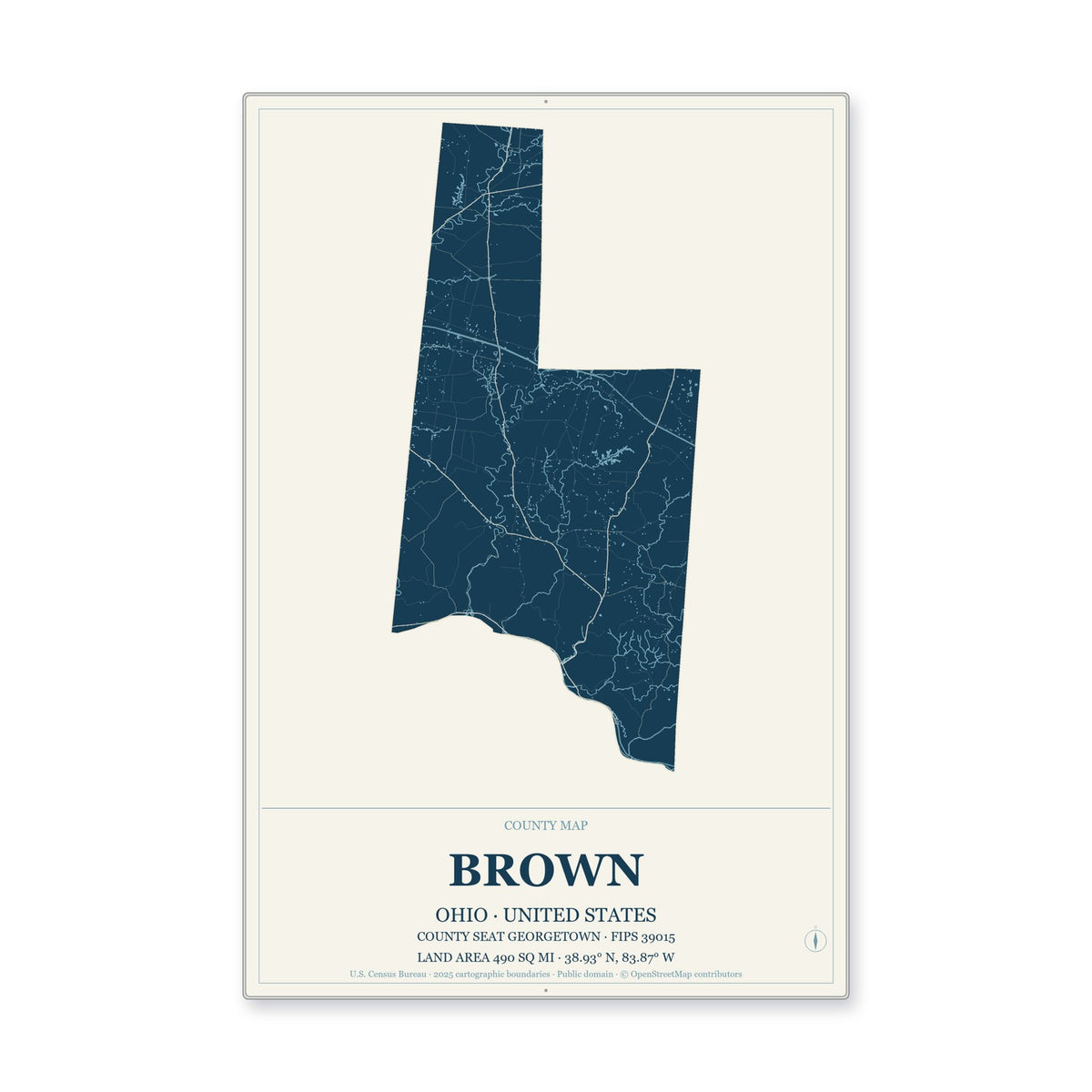 Brown County, Ohio Map Aluminum Sign in Coastal Cutout style