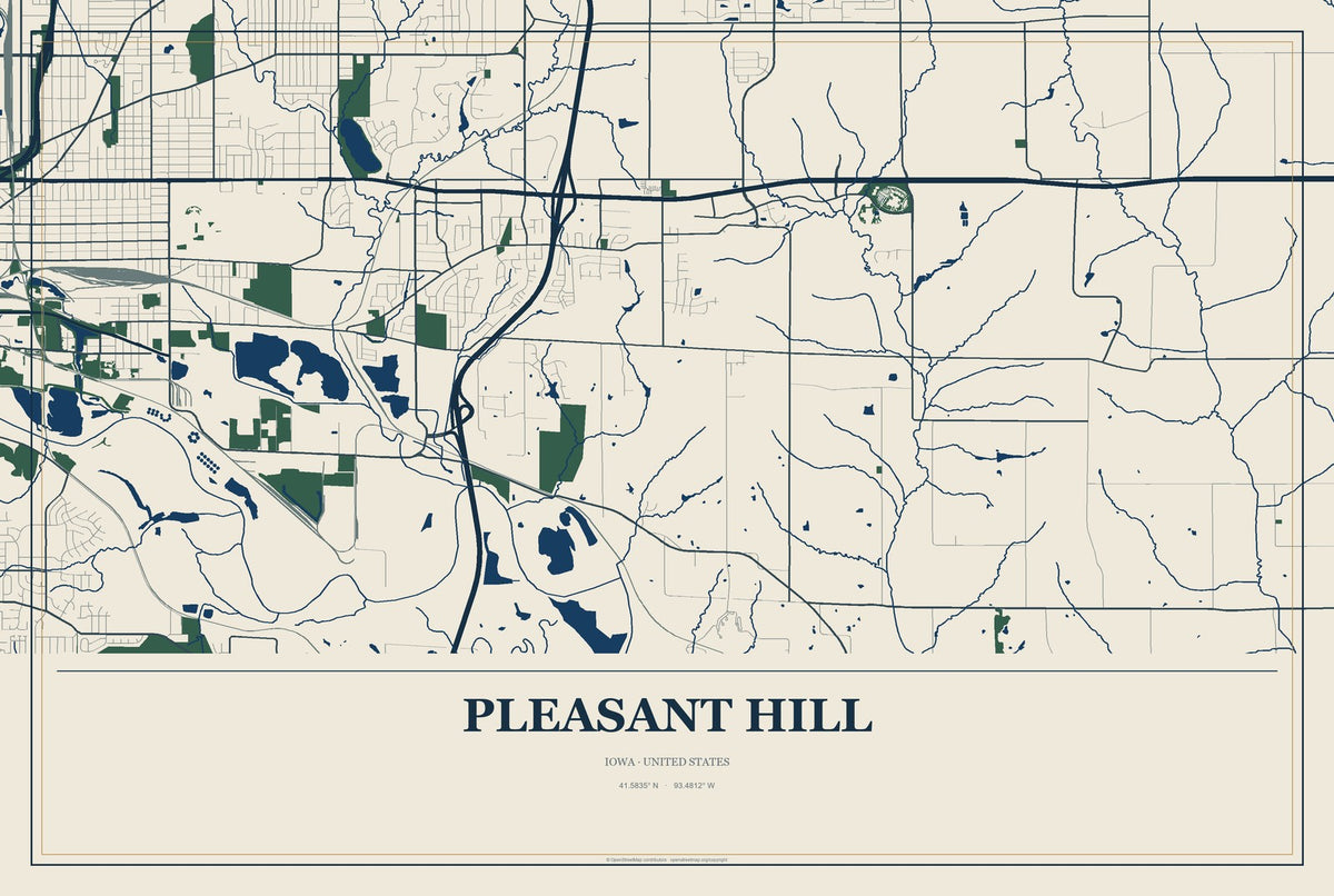 Pleasant Hill, Iowa City Map Aluminum Sign in Coastal Cutout style