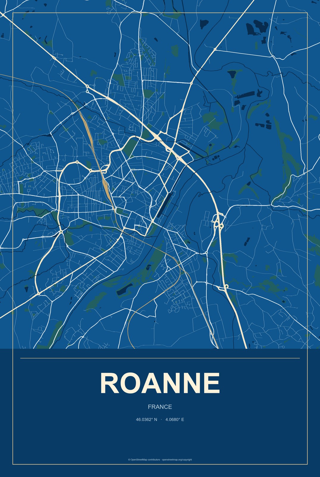 Roanne, France City Map Aluminum Sign in Harbor Cobalt style