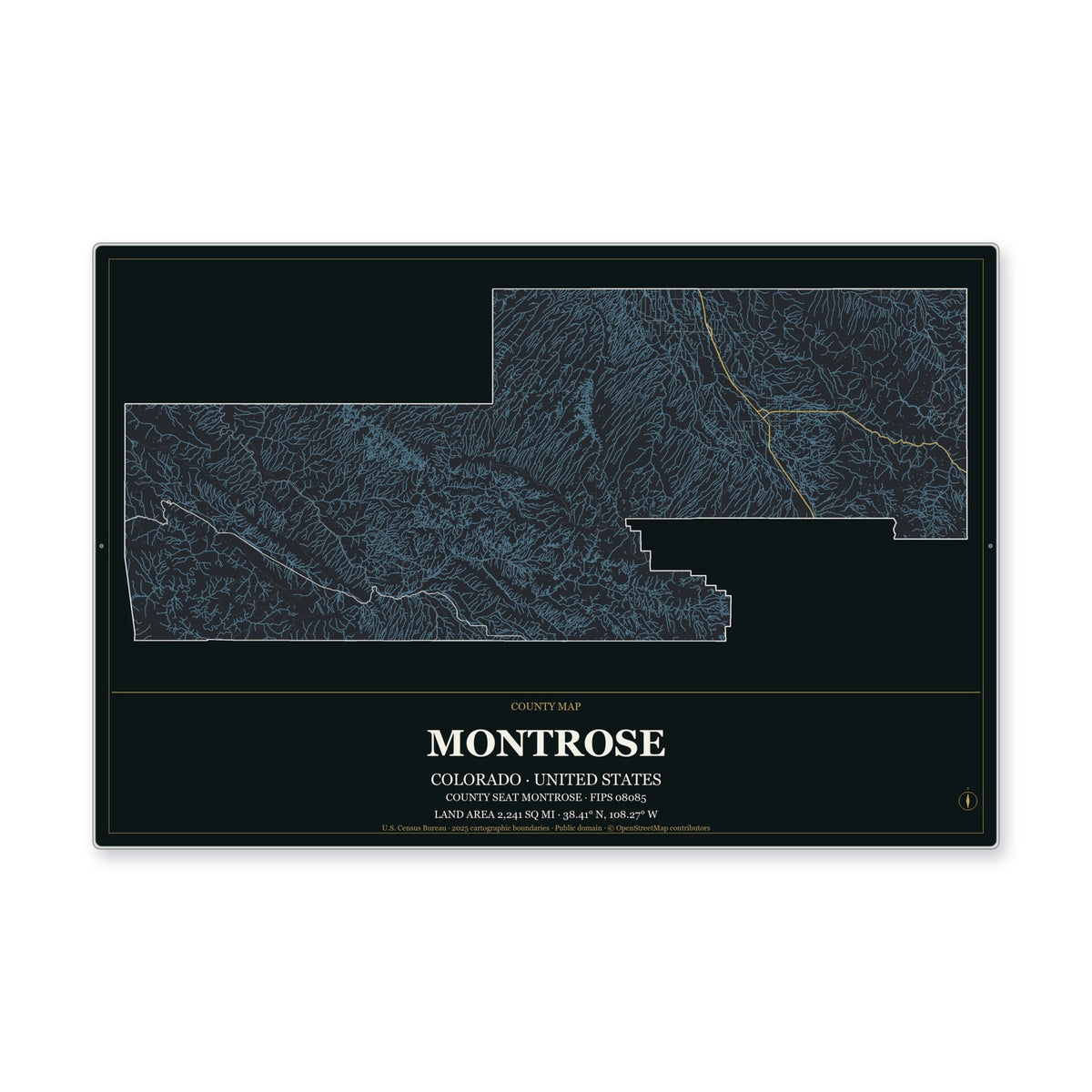 Montrose County, Colorado Map Aluminum Sign in Metropolitan Noir style