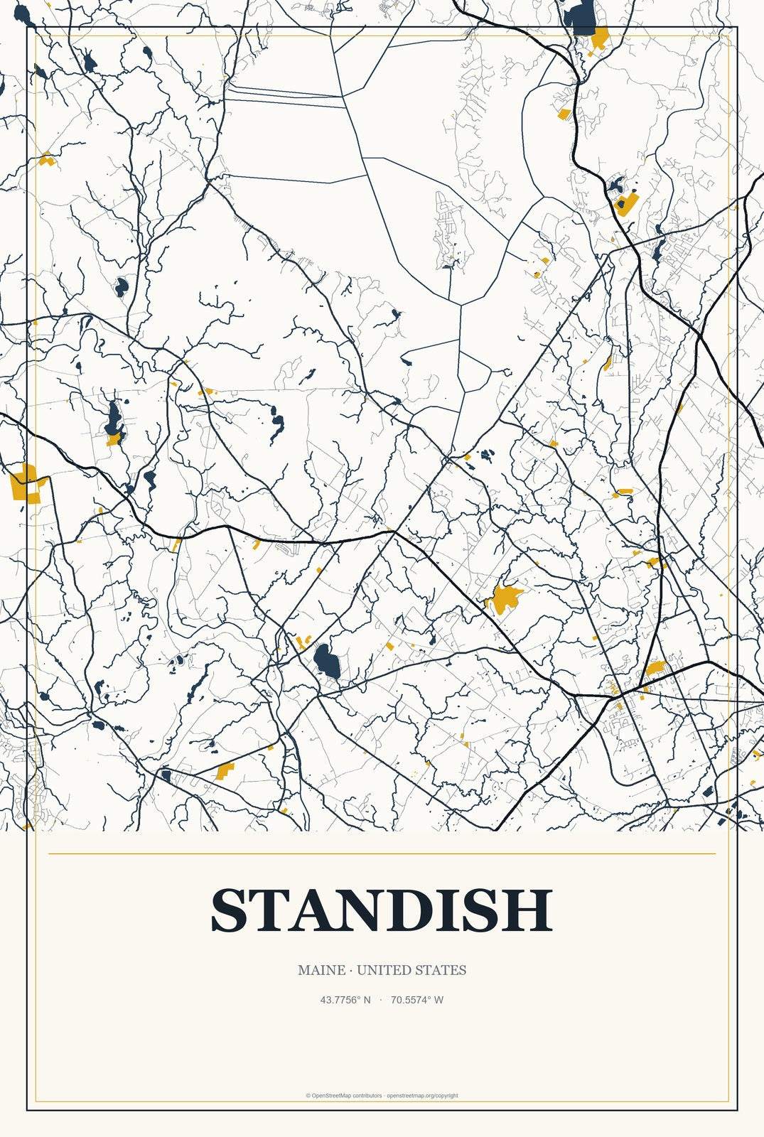 Standish, Maine City Map Aluminum Sign in Citrine Modern style