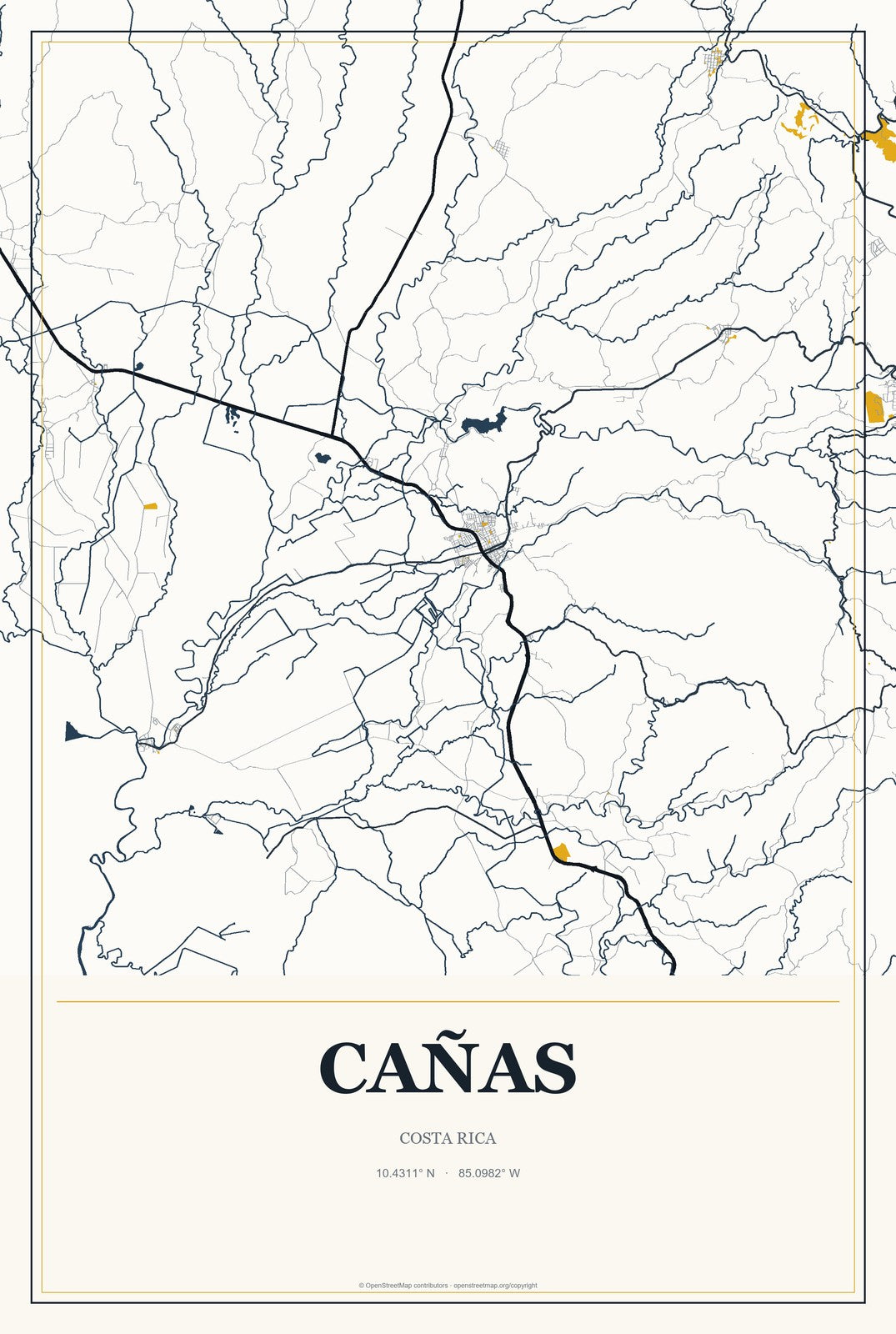 Cañas, Costa Rica City Map Aluminum Sign in Citrine Modern style