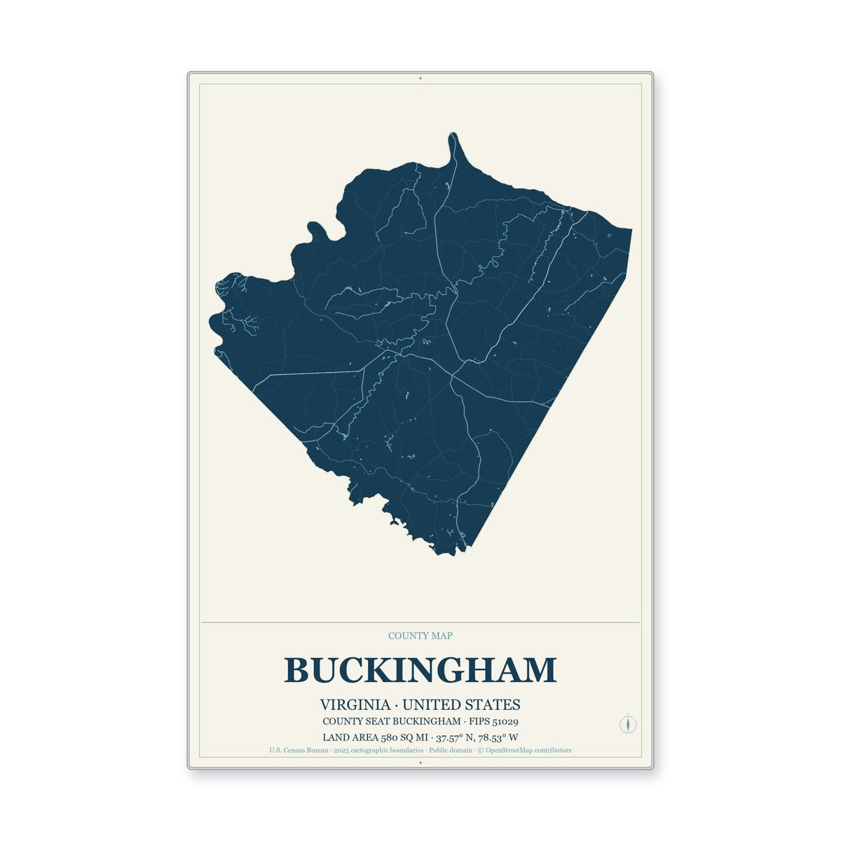 Buckingham County, Virginia Map Aluminum Sign in Coastal Cutout style