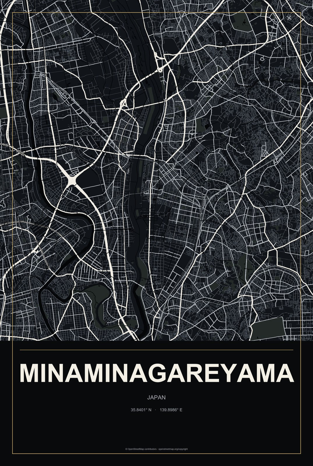 Minaminagareyama, Japan City Map Aluminum Sign in Metropolitan Noir style