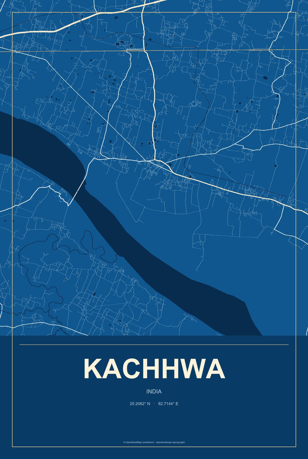 Kachhwa, India City Map Aluminum Sign in Harbor Cobalt style