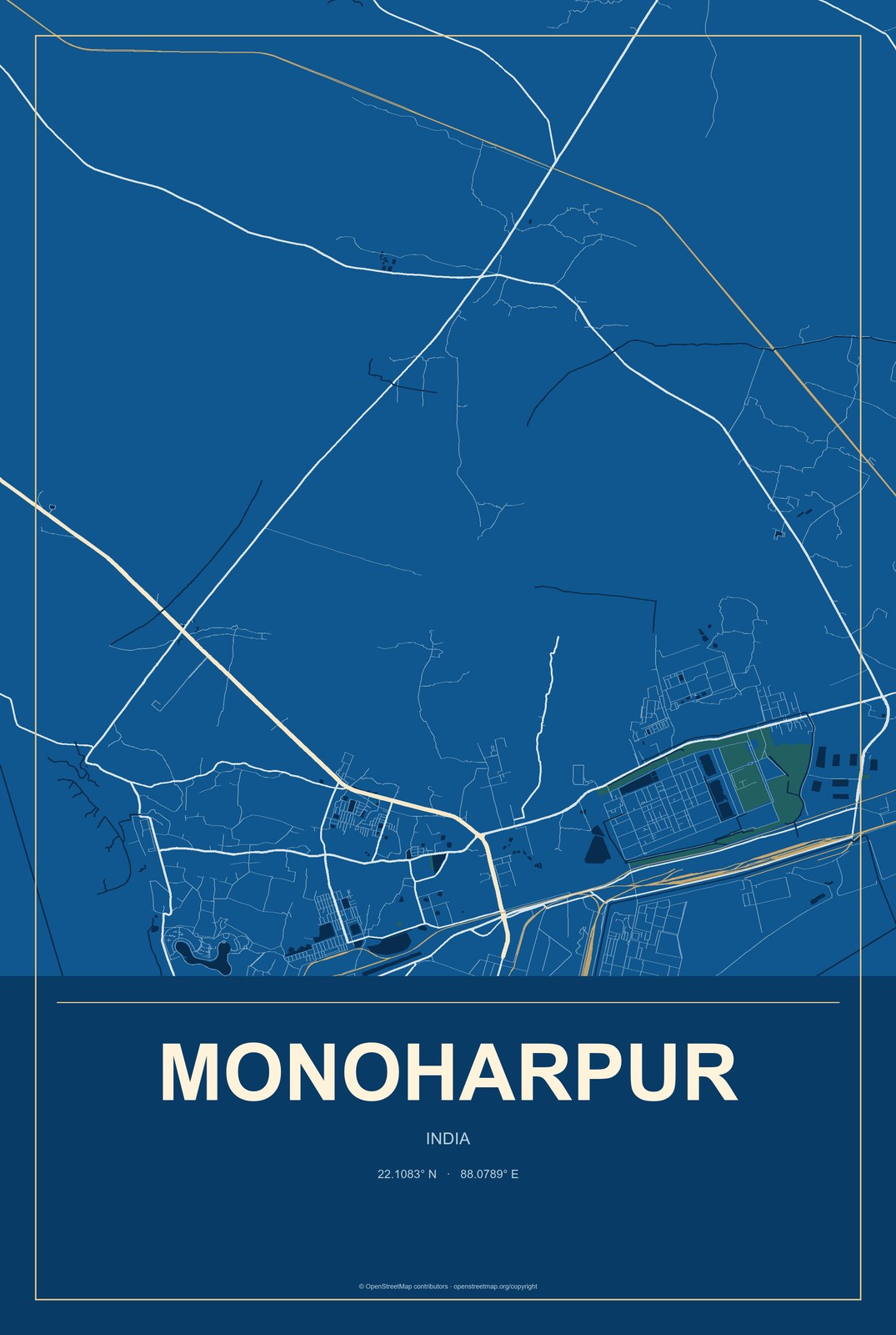 Monoharpur, India City Map Aluminum Sign in Harbor Cobalt style