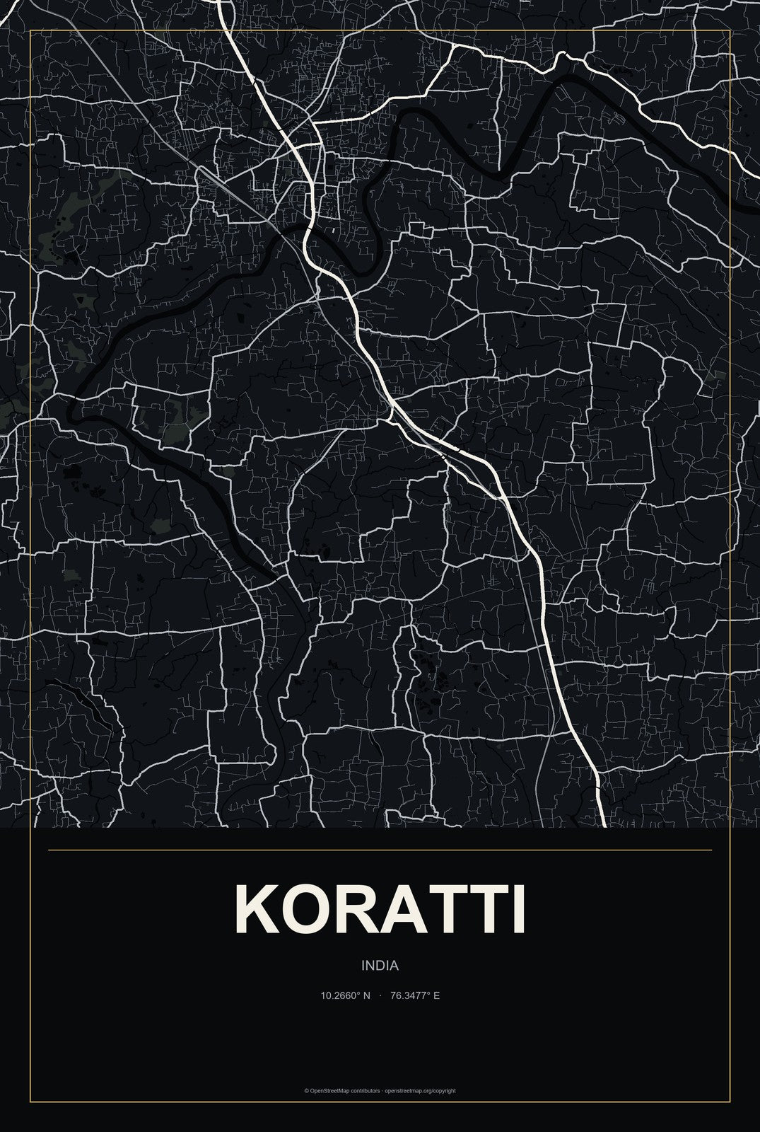 Koratti, India City Map Aluminum Sign in Metropolitan Noir style