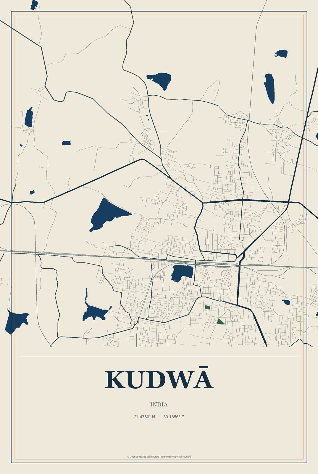 Kudwā, India City Map Aluminum Sign in Coastal Cutout style