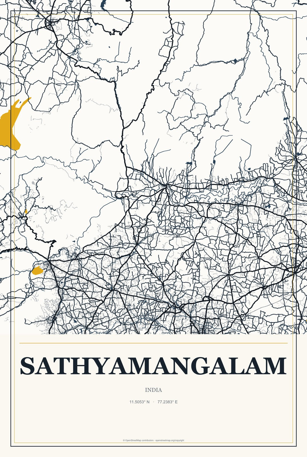 Sathyamangalam, India City Map Aluminum Sign in Citrine Modern style