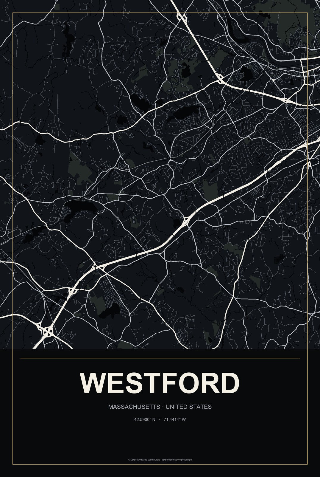 Westford, Massachusetts City Map Aluminum Sign in Metropolitan Noir style