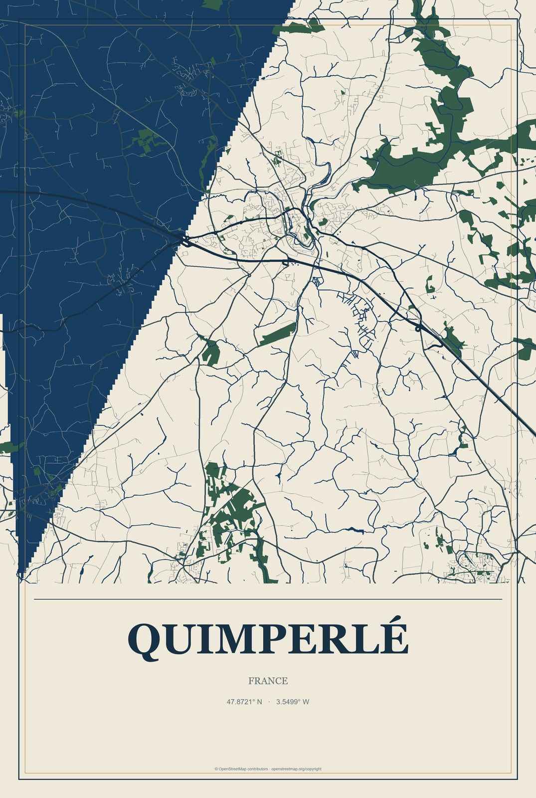 Quimperlé, France City Map Aluminum Sign in Coastal Cutout style
