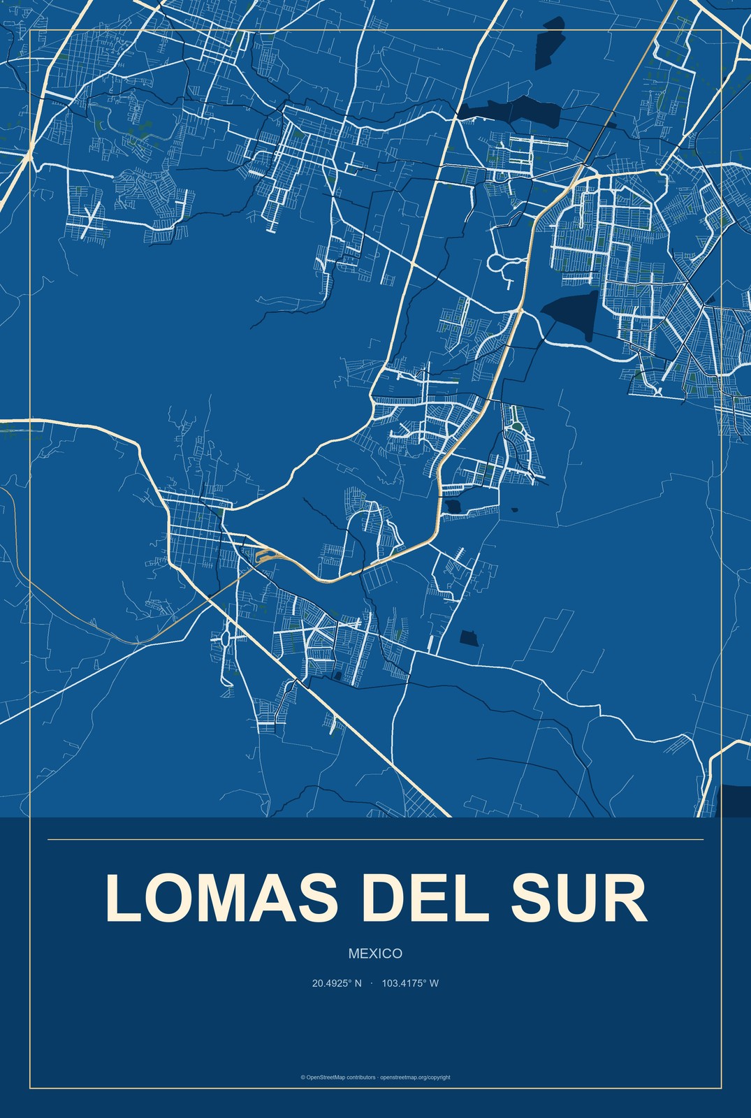 Lomas del Sur, Mexico City Map Aluminum Sign in Harbor Cobalt style